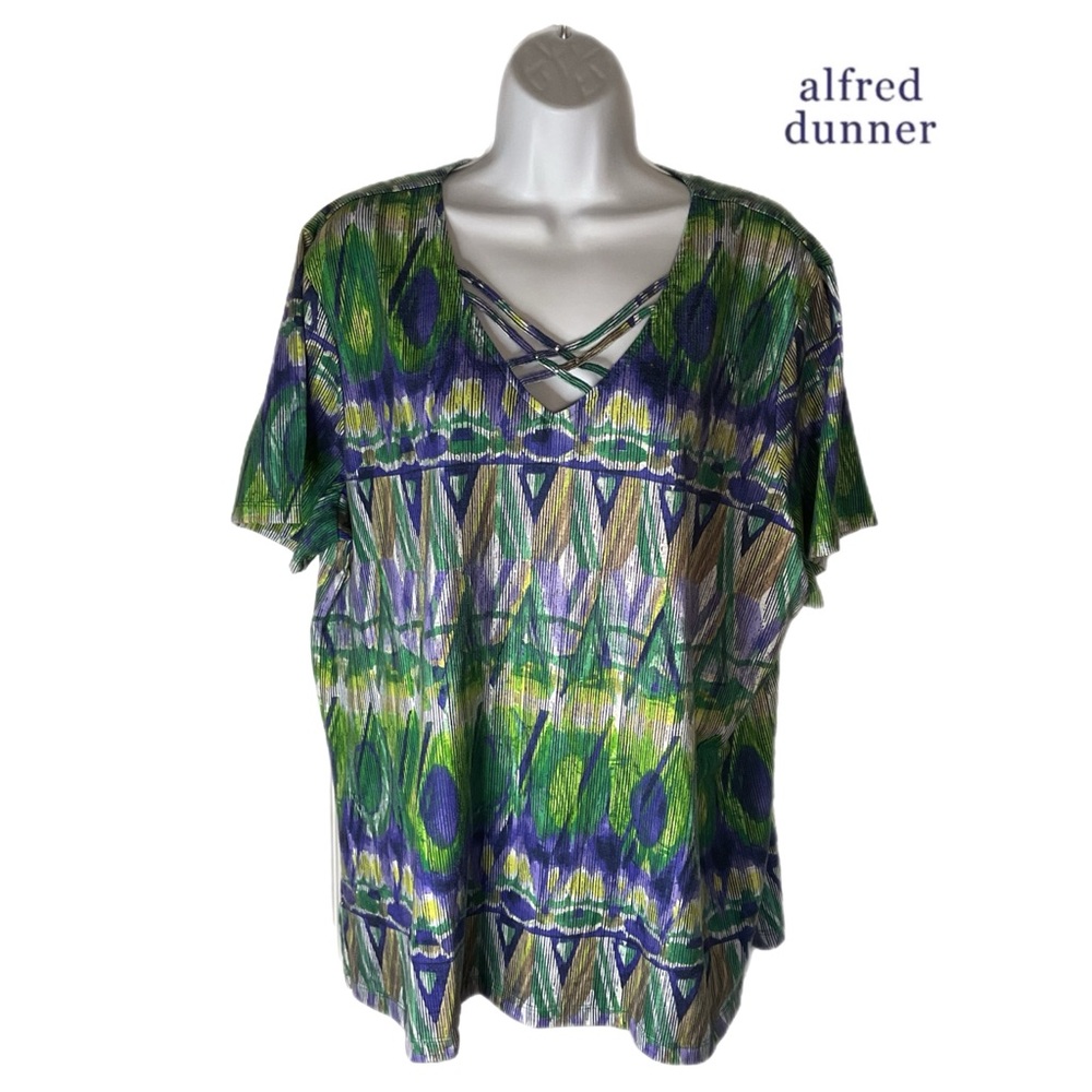 Alfred Dunner XL Green Purple Patterned Women's Top Summertime Casual Resortwear